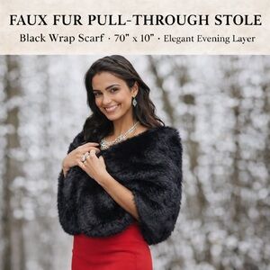 Black Faux Fur Pull-Through Stole Wrap Scarf 70” x 10” Evening Shawl NWOT
